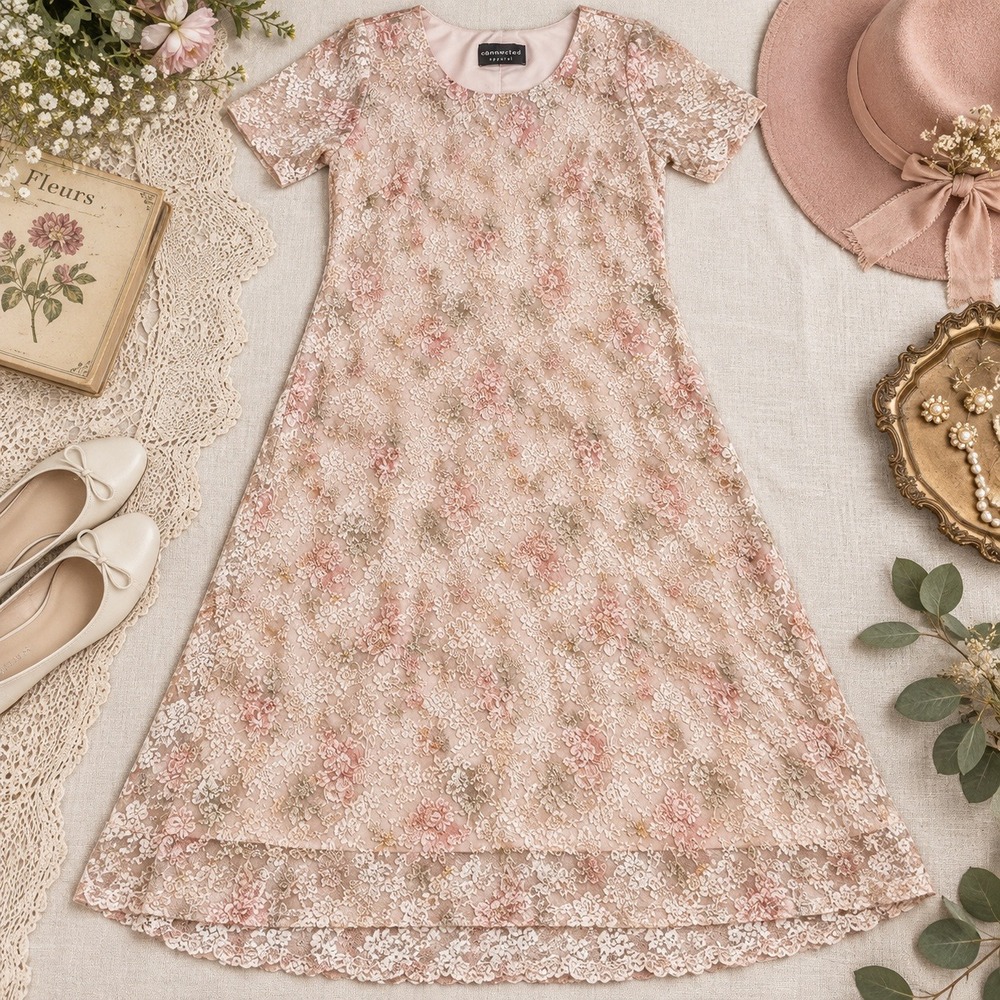 Vintage Cottage Women Blush Pink Floral Lace Overlay T Shirt Dress 90s Y2K 2X 20